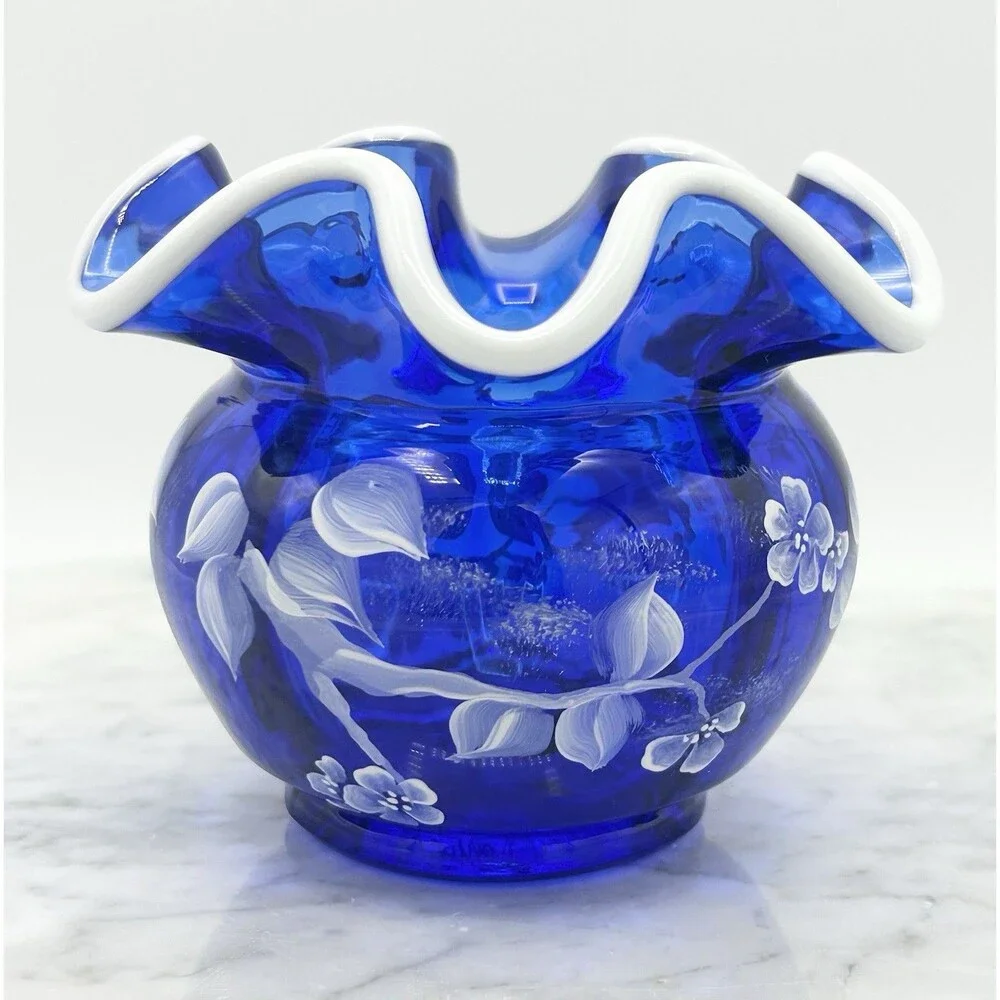 Fenton Cobalt Blue Snow Crest Rose Bowl Birds & Flowers Signed & Handpainted